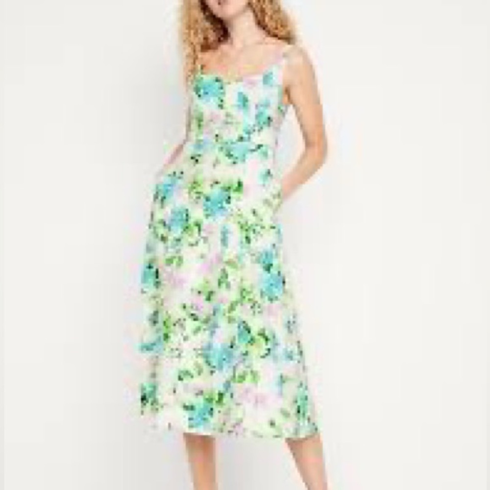 OLD NAVY Floral A-Line Midi Sundress in Pastel Greens & Blues LINEN BLEND SIZE M